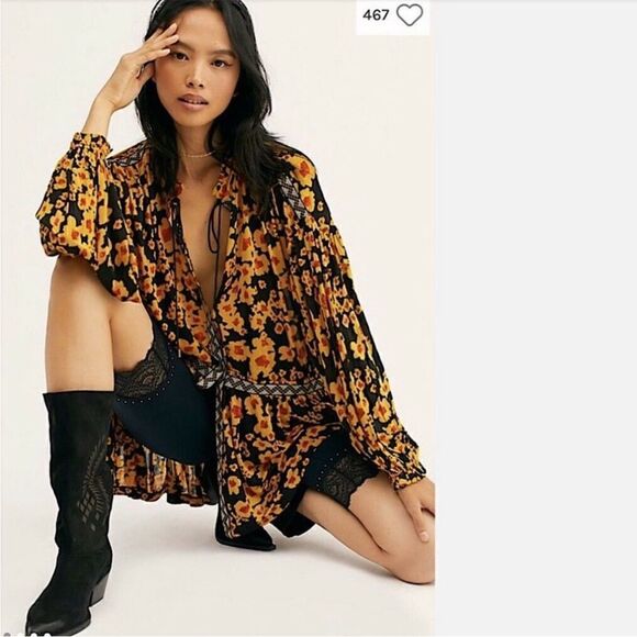 Free People Love Letter Tunic Floral Yellow Black M - Picture 1 of 11